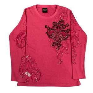 Y2K Old Skool Pink Thermal Long Sleeve Shirt Rhinestone Fleur De Lis Royalty XL